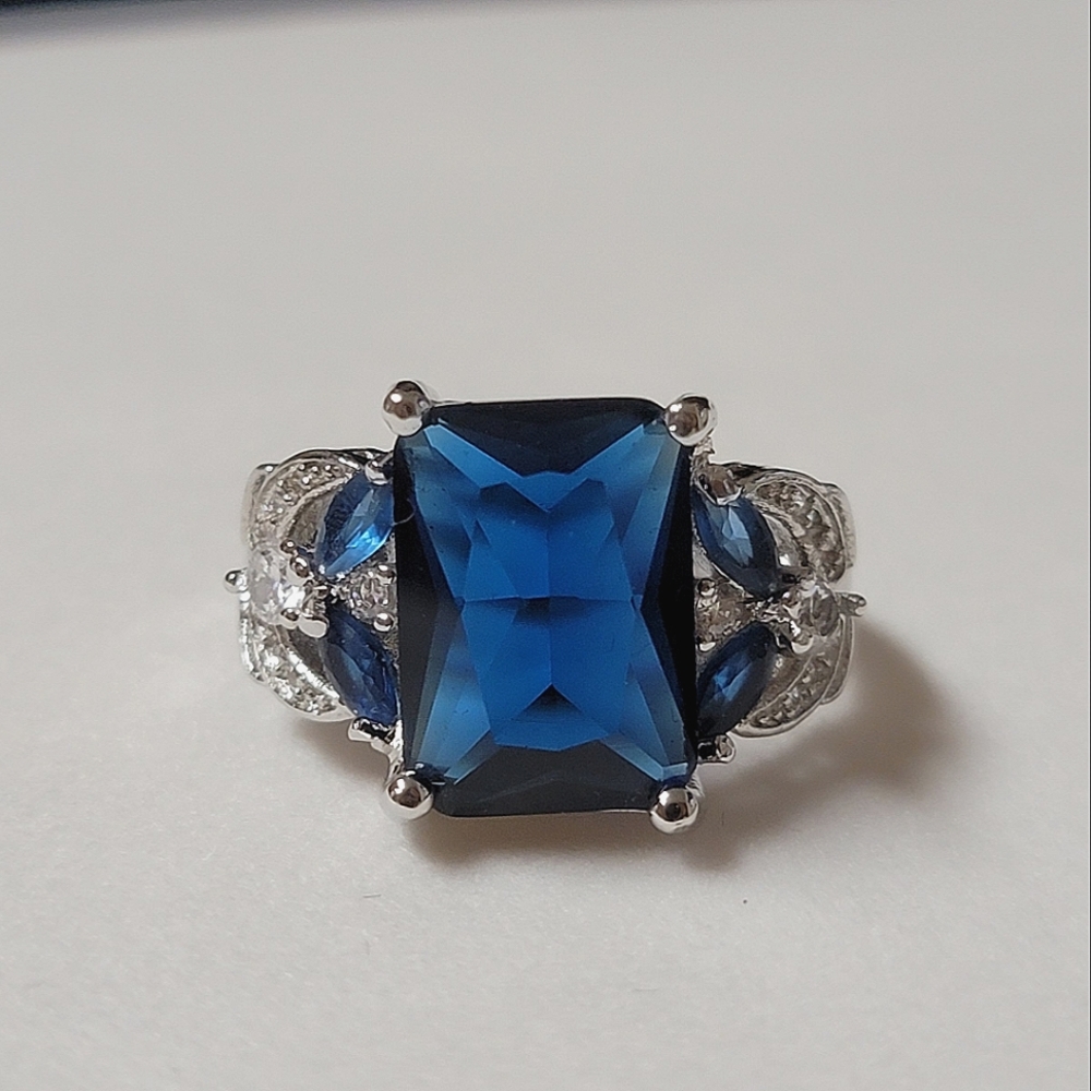 Simulated Sapphire Silver Tone Cocktail Ring Angel Wings and Marquise Stones